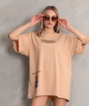 Unisex Bisiklet Yaka Baskılı Oversize Thirt  Bej