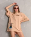 Unisex Bisiklet Yaka Baskılı Oversize Thirt  Bej