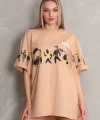 Unisex Bisiklet Yaka Baskılı Oversize Thirt  Bej