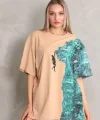 Unisex Bisiklet Yaka Baskılı Oversize Thirt  Bej