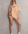 Unisex Bisiklet Yaka Baskılı Oversize Thirt  Bej