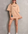 Unisex Bisiklet Yaka Baskılı Oversize Thirt  Bej