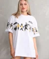Unisex Bisiklet Yaka Baskılı Oversize Thirt  Beyaz