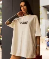 Unisex Bisiklet Yaka Baskılı Oversize Thirt  Beyaz