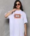 Unisex Bisiklet Yaka Baskılı Oversize Thirt  Beyaz