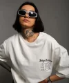 Unisex Bisiklet Yaka Baskılı Oversize Thirt  Beyaz