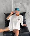 Unisex Bisiklet Yaka Baskılı Oversize Thirt  Beyaz