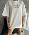 Unisex Bisiklet Yaka Baskılı Oversize Thirt  Beyaz