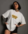 Unisex Bisiklet Yaka Baskılı Oversize Thirt  Beyaz