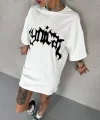Unisex Bisiklet Yaka Baskılı Oversize Thirt  Beyaz