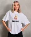 Unisex Bisiklet Yaka Baskılı Oversize Thirt  Beyaz