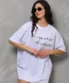 Unisex Bisiklet Yaka Baskılı Oversize Thirt  Beyaz