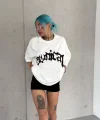 Unisex Bisiklet Yaka Baskılı Oversize Thirt  Beyaz
