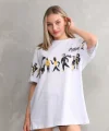 Unisex Bisiklet Yaka Baskılı Oversize Thirt  Beyaz