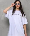 Unisex Bisiklet Yaka Baskılı Oversize Thirt  Beyaz