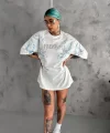 Unisex Bisiklet Yaka Baskılı Oversize Thirt  Beyaz