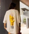 Unisex Bisiklet Yaka Baskılı Oversize Thirt  Beyaz