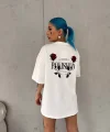 Unisex Bisiklet Yaka Baskılı Oversize Thirt  Beyaz
