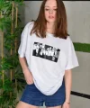 Unisex Bisiklet Yaka Baskılı Oversize Thirt  Beyaz