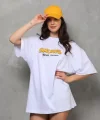 Unisex Bisiklet Yaka Baskılı Oversize Thirt  Beyaz