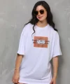Unisex Bisiklet Yaka Baskılı Oversize Thirt  Beyaz