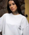 Unisex Bisiklet Yaka Baskılı Oversize Thirt  Beyaz