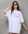 Unisex Bisiklet Yaka Baskılı Oversize Thirt  Beyaz