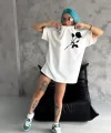 Unisex Bisiklet Yaka Baskılı Oversize Thirt  Beyaz