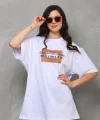 Unisex Bisiklet Yaka Baskılı Oversize Thirt  Beyaz