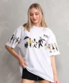 Unisex Bisiklet Yaka Baskılı Oversize Thirt  Beyaz