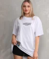 Unisex Bisiklet Yaka Baskılı Oversize Thirt  Beyaz