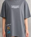 Unisex Bisiklet Yaka Baskılı Oversize Thirt  Gri