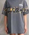 Unisex Bisiklet Yaka Baskılı Oversize Thirt  Gri