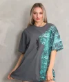 Unisex Bisiklet Yaka Baskılı Oversize Thirt  Gri
