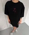 Unisex Bisiklet Yaka Baskılı Oversize Thirt  iyah