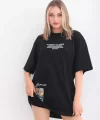 Unisex Bisiklet Yaka Baskılı Oversize Thirt  iyah
