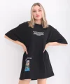 Unisex Bisiklet Yaka Baskılı Oversize Thirt  iyah