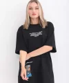 Unisex Bisiklet Yaka Baskılı Oversize Thirt  iyah