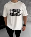 Unisex Bisiklet Yaka Katlanan Baskılı T-Shirt - Beyaz