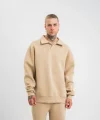 Unisex Double Oversize Patlı Yaka SweatShirt - Bej