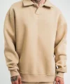 Unisex Double Oversize Patlı Yaka SweatShirt - Bej