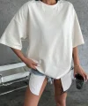 Unisex Düz Biskilet Yaka Oversize T-shirt - Beyaz