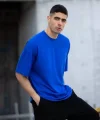 Unisex Düz Biskilet Yaka Oversize T-shirt - Mavi