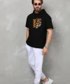 Unisex Kapşonlu Kısa Kol Oversize Baskılı T-Shirt - Siyah