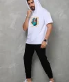 Unisex Kapşonlu Kolsuz Oversize Baskılı Tişört - Beyaz