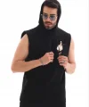 Unisex Kapşonlu Kolsuz Oversize Baskılı Tişört - Siyah