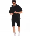 Unisex Kapşonlu Oversize T-Shirt Şortlu Takım - Siyah