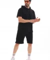 Unisex Kapşonlu Oversize T-Shirt Şortlu Takım - Siyah