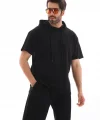 Unisex Kapşonlu Oversize T-Shirt Şortlu Takım - Siyah