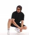 Unisex Kapşonlu Oversize T-Shirt Şortlu Takım - Siyah
